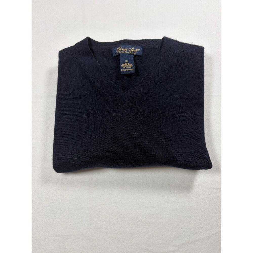 Garret Scott XL 100% Merino Wool V Neck Sweater Navy Blue Extra Fine Mens - Picture 6 of 6